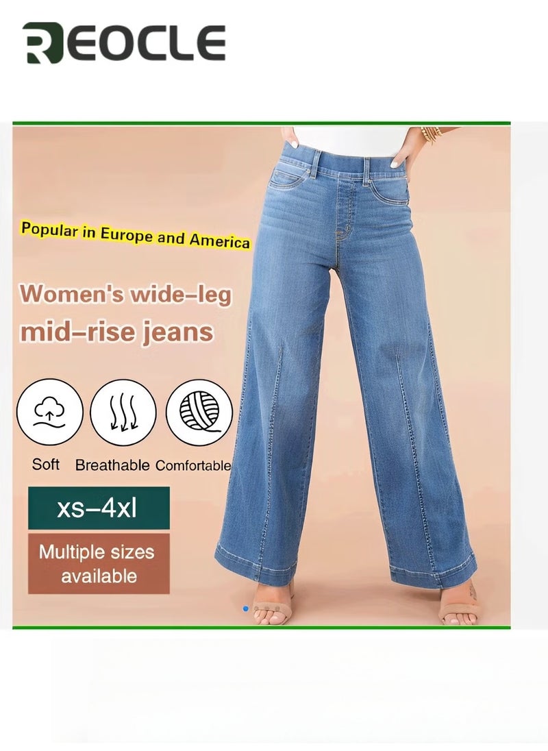 REOCLE Women's Leg Jeans Mid-Rise Stretchy Baggy Jeans Loose Stretchy Lightweight Jeans High Waist Wide Leg Straight Denim Pants with Pockets - Image 5