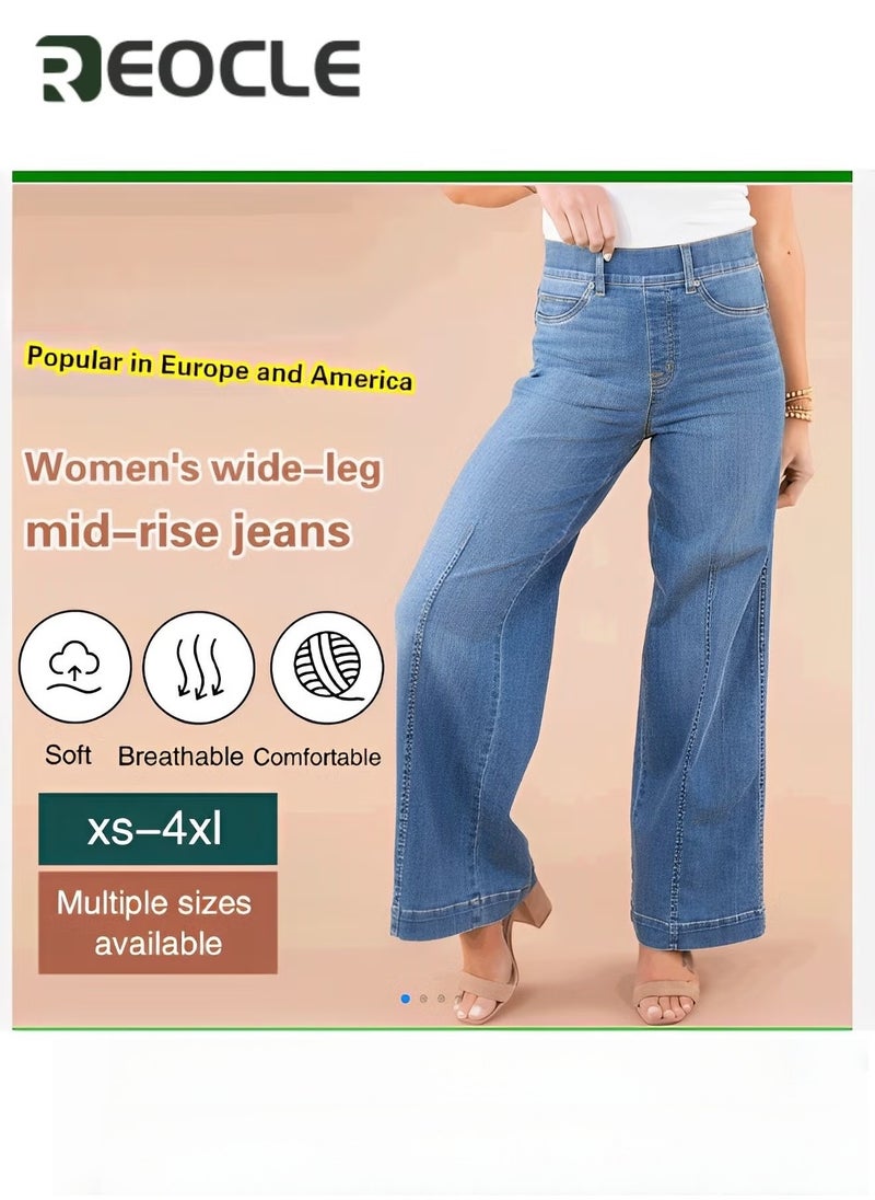 REOCLE Women's Leg Jeans Mid-Rise Stretchy Baggy Jeans Loose Stretchy Lightweight Jeans High Waist Wide Leg Straight Denim Pants with Pockets - Image 4
