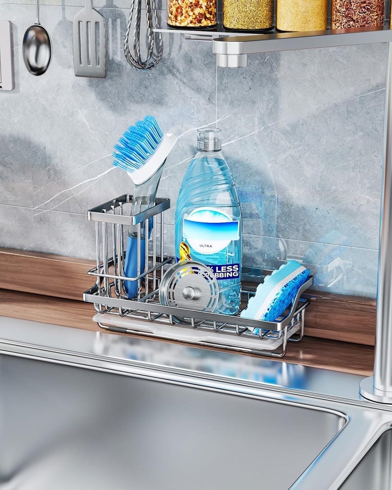 HOLLIO Sponge Holder For Kitchen Sink Stainless Steel Kitchen Sink Organizer Caddy for Organizing Sponge And Walls Soap Tray Dish Drainer With Detachable Dish Drainer Tray Asilver - Image 3