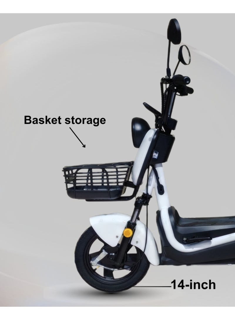 كاميل دراجة كهربائية ITQ-6 Pro للبالغين، بقدرة 600 واط، إطارات مقاس 14 بوصة، مدى يصل إلى 100 كم، مزودة بسلة ومرايا، باللون الأبيض. - Image 2