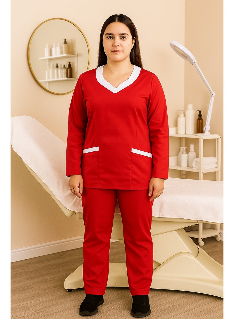 Rannah's Uniform Elegant Long Sleeve Red Scrub Suit with White Accents – Professional and Comfortable - Image 3