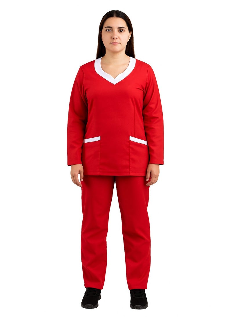 Rannah's Uniform Elegant Long Sleeve Red Scrub Suit with White Accents – Professional and Comfortable - Image 1