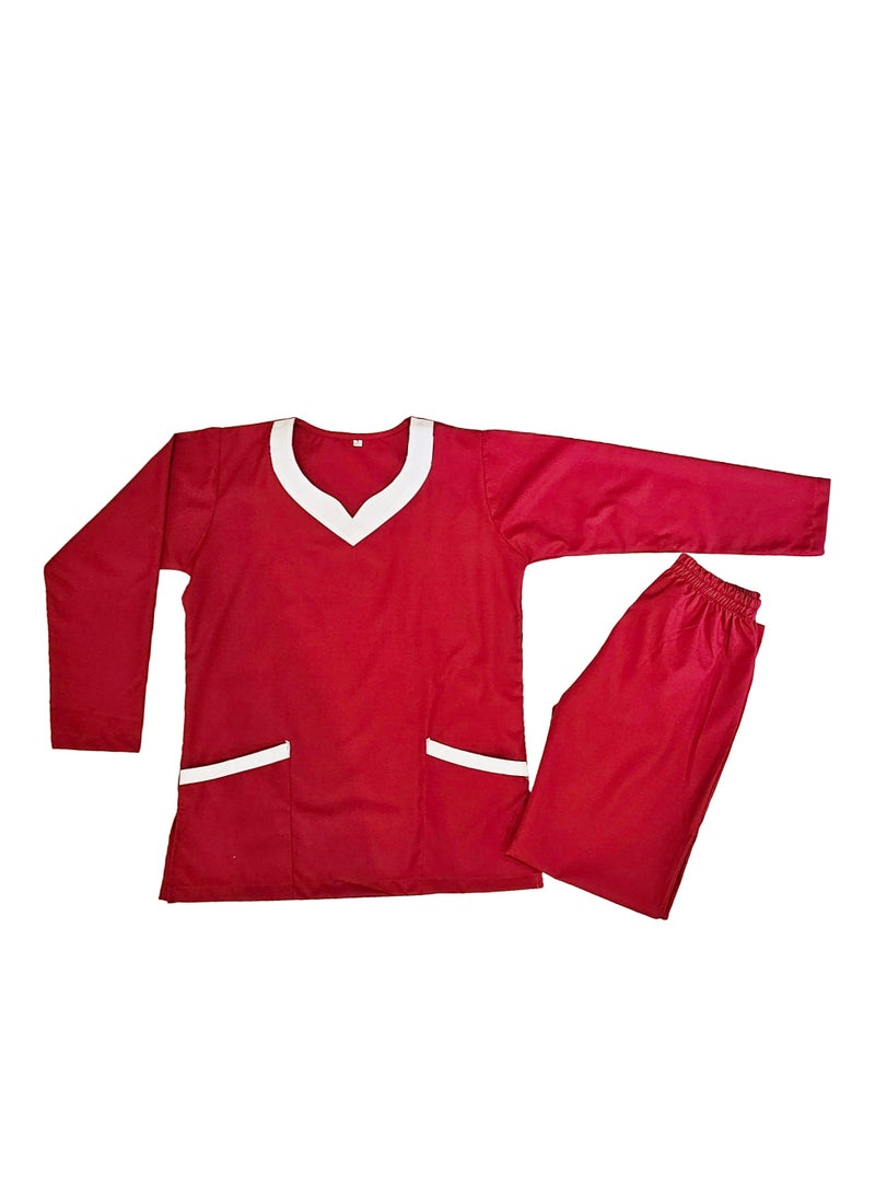 Rannah's Uniform Elegant Long Sleeve Red Scrub Suit with White Accents – Professional and Comfortable - Image 1