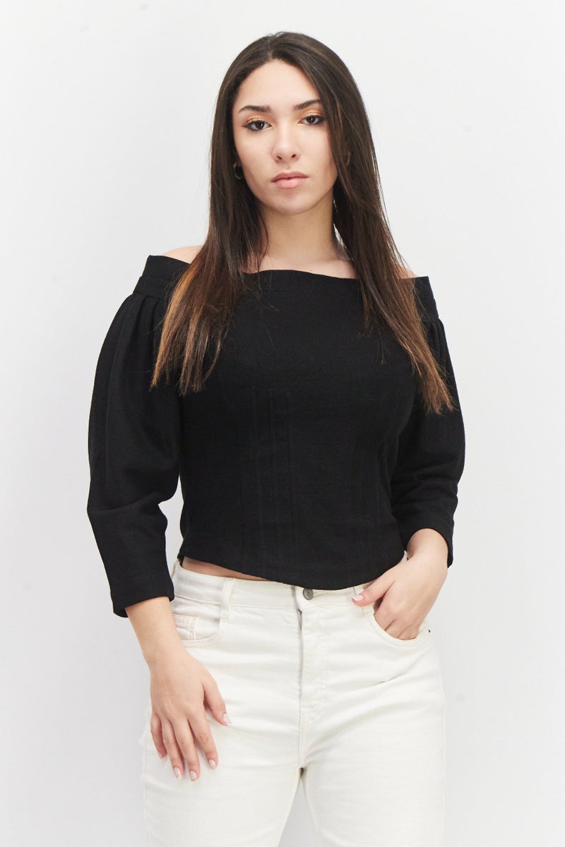 VERO MODA قميص بلا أكتاف طويل الأكمام بسيط للنساء من فيرو مودا، أسود - Image 1