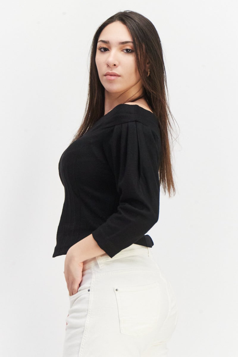 VERO MODA قميص بلا أكتاف طويل الأكمام بسيط للنساء من فيرو مودا، أسود - Image 4