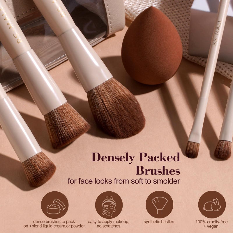 BS Mall BS-MALL 14 Pcs Makeup Brushes Set with 1 Pcs Makeup Sponge â€“ Essential Foundation Powder Concealers, Eye Shadows, Blush Makeup Brushes with Travel Makeup Case (Beige) - Image 4