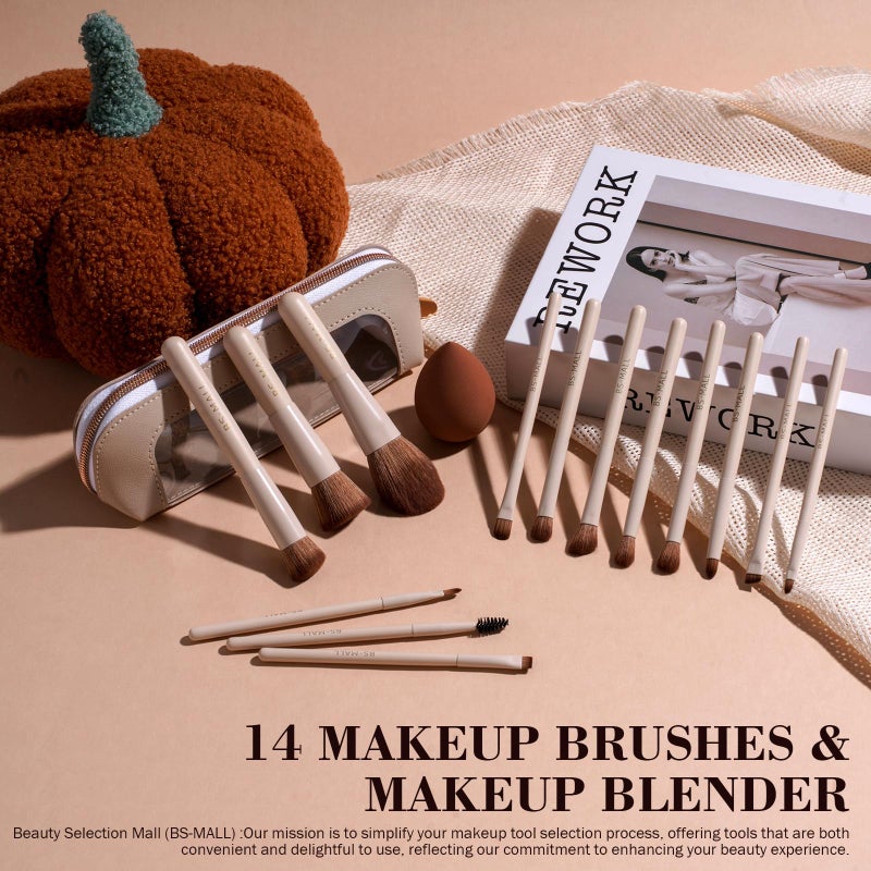 BS Mall BS-MALL 14 Pcs Makeup Brushes Set with 1 Pcs Makeup Sponge â€“ Essential Foundation Powder Concealers, Eye Shadows, Blush Makeup Brushes with Travel Makeup Case (Beige) - Image 2