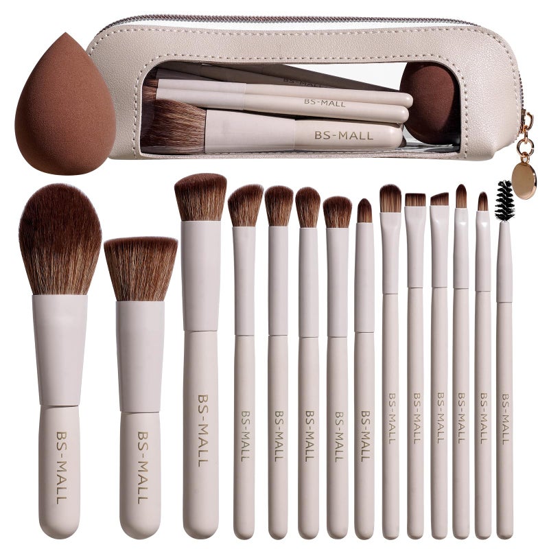 BS Mall BS-MALL 14 Pcs Makeup Brushes Set with 1 Pcs Makeup Sponge â€“ Essential Foundation Powder Concealers, Eye Shadows, Blush Makeup Brushes with Travel Makeup Case (Beige) - Image 1