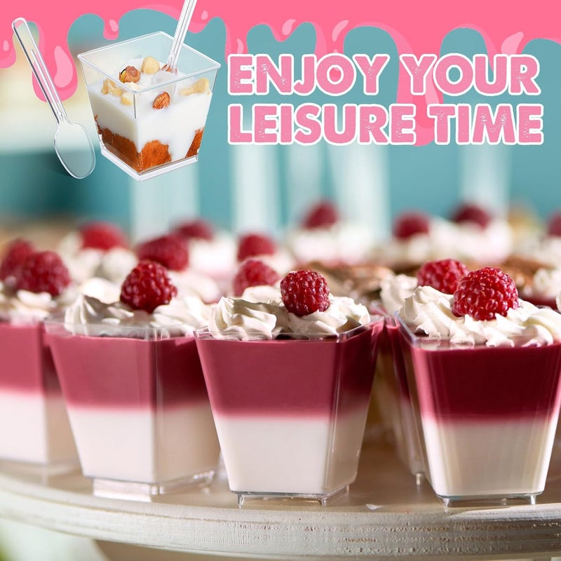 Sawysine 150 Pack 8 oz Plastic Dessert Cups with Lids and Spoons Square Parfait Cups Clear Appetizer Disposable Ice Cream Containers for Cupcake Pudding Snacks Yogurt - Image 3