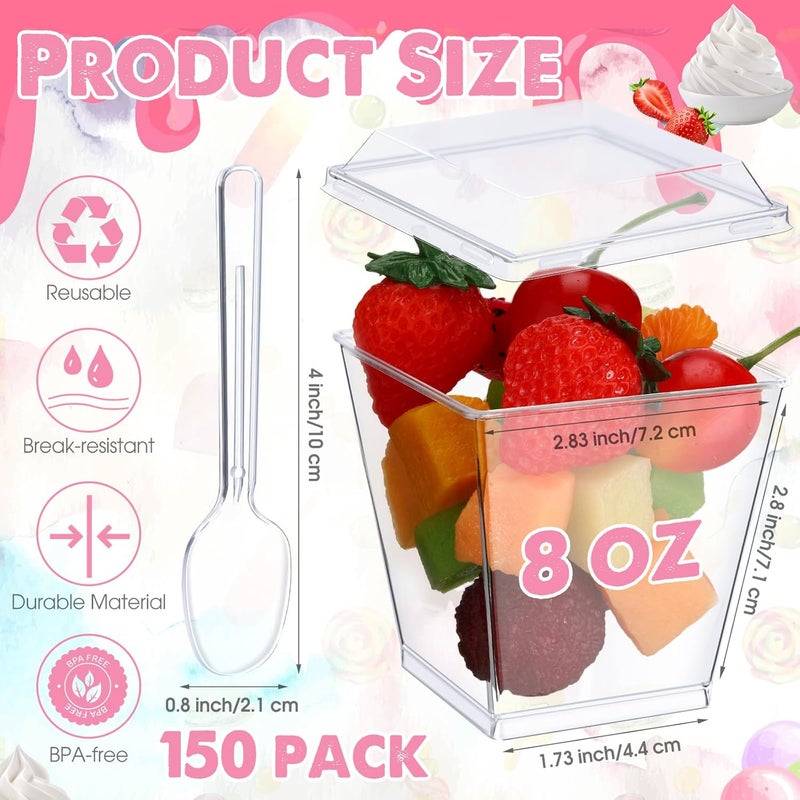 Sawysine 150 Pack 8 oz Plastic Dessert Cups with Lids and Spoons Square Parfait Cups Clear Appetizer Disposable Ice Cream Containers for Cupcake Pudding Snacks Yogurt - Image 2