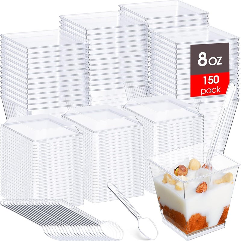 Sawysine 150 Pack 8 oz Plastic Dessert Cups with Lids and Spoons Square Parfait Cups Clear Appetizer Disposable Ice Cream Containers for Cupcake Pudding Snacks Yogurt - Image 1