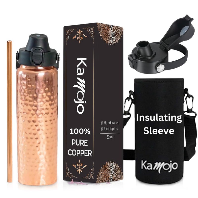 Kamojo Copper Water Bottle for Drinking  Hammered 100 Pure Copper Tumbler with Push Button Lid Removable Insulating Sleeve  Straw  Handcrafted 32 fl oz Ayurvedic Cup for Water