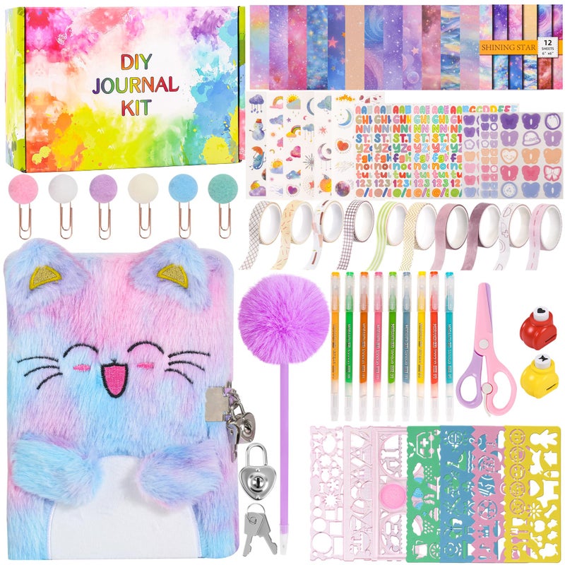 LiYiQ Plush Cat Diary Gift Travel Journal Secret Diary with Scrapbook Paper Stickers Journal Stencils Pompom Pen and Washi Tape Practical Set Gift for Birthday Christma - Image 1