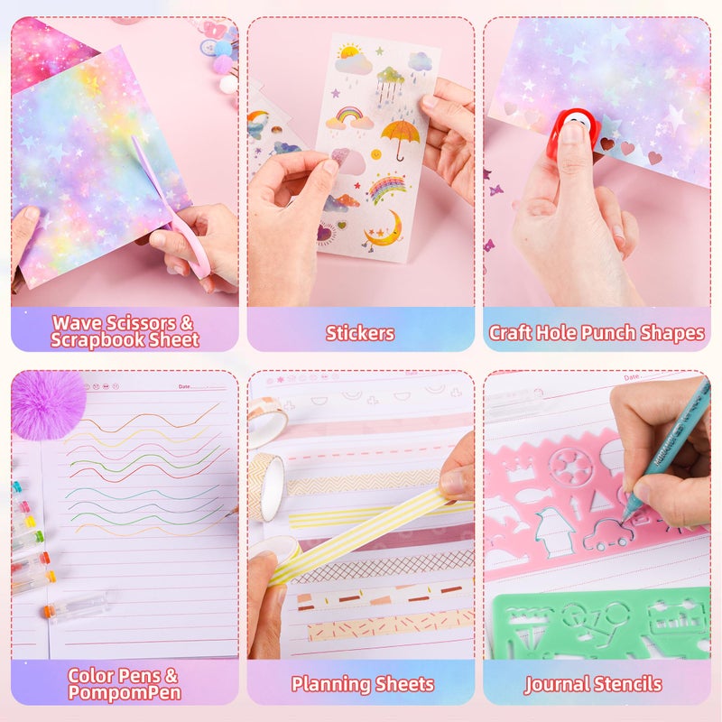 LiYiQ Plush Cat Diary Gift Travel Journal Secret Diary with Scrapbook Paper Stickers Journal Stencils Pompom Pen and Washi Tape Practical Set Gift for Birthday Christma - Image 4