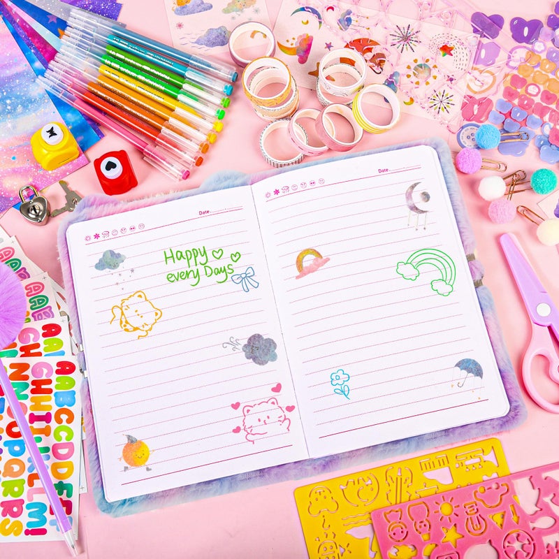 LiYiQ Plush Cat Diary Gift Travel Journal Secret Diary with Scrapbook Paper Stickers Journal Stencils Pompom Pen and Washi Tape Practical Set Gift for Birthday Christma - Image 3
