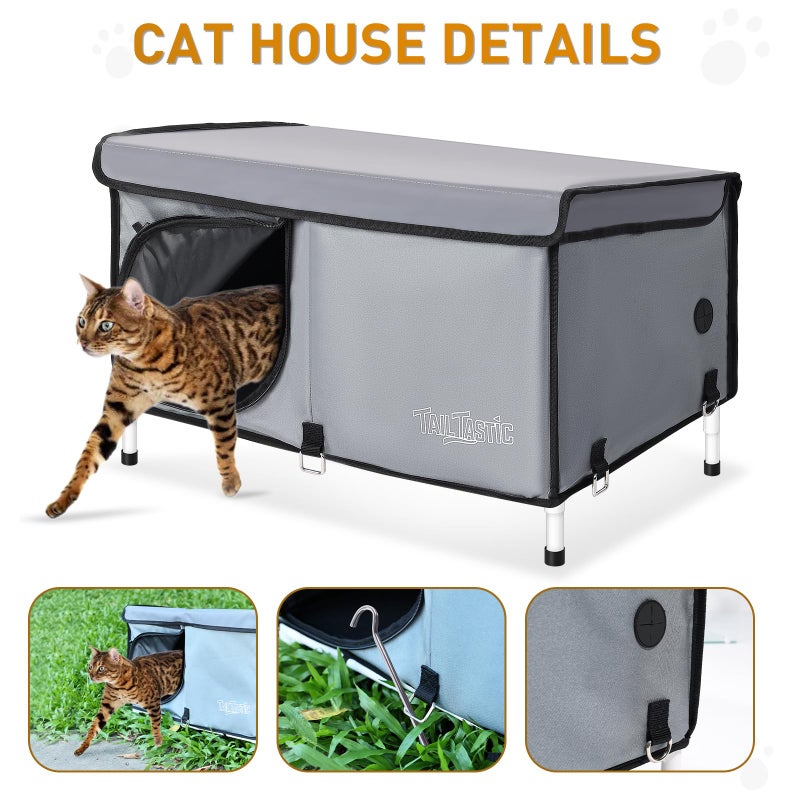 TailTastic Outdoor Cat House Elevated,Insulated Feral Cat House Outdoor for Winter,Waterproof Cat Bed with Cozy Cushion(Grey, Large) - Image 5