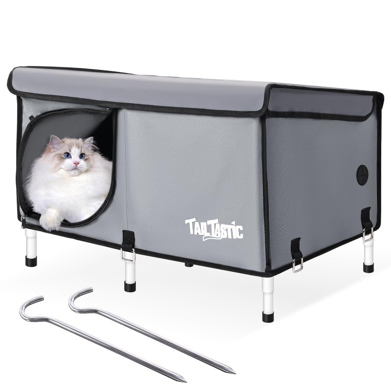 TailTastic Outdoor Cat House Elevated,Insulated Feral Cat House Outdoor for Winter,Waterproof Cat Bed with Cozy Cushion(Grey, Large) - Image 1