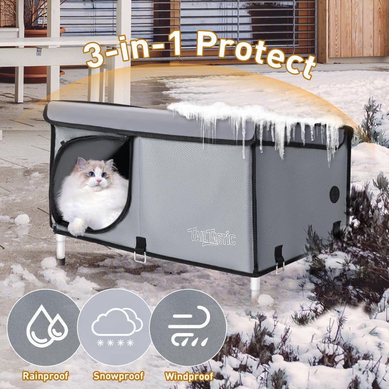TailTastic Outdoor Cat House Elevated,Insulated Feral Cat House Outdoor for Winter,Waterproof Cat Bed with Cozy Cushion(Grey, Large) - Image 3