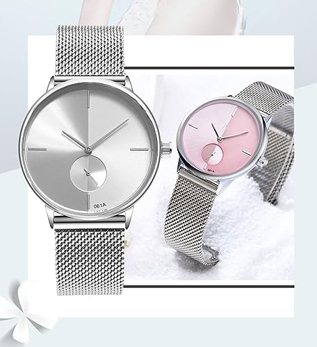 SENRUD Ultra Thin Simple Couples Watches His and Hers Stainless Steel Mesh Strap Pair Watch Gifts Set Men and Women Quartz Watches White Pink - Image 3