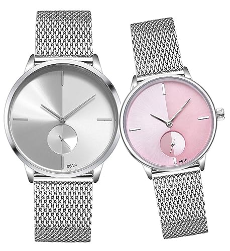 SENRUD Ultra Thin Simple Couples Watches His and Hers Stainless Steel Mesh Strap Pair Watch Gifts Set Men and Women Quartz Watches White Pink - Image 1