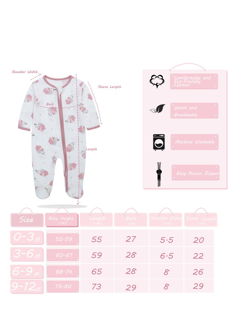 ميريكل بيبي رومبرز مواليد بناتي - قطن 100% بأكمام طويلة وسحاب مع قدم - Image 3