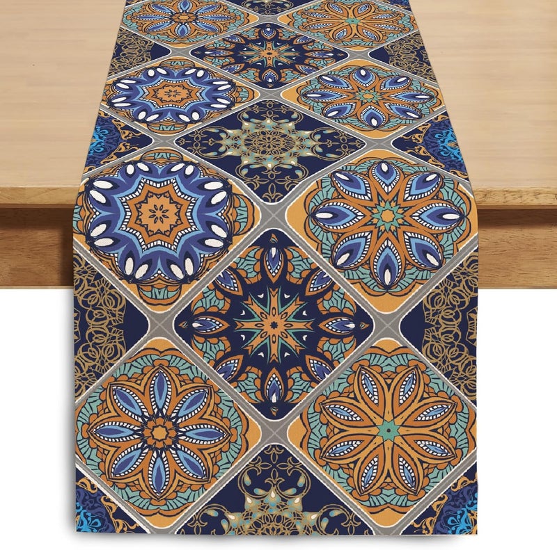 Winotic Boho Bohemian Table Runner 72 Inches Long, Vintage Seasonal Blue Table Runners for Party Kitchen Dining Coffee Table Bedroom Dressers Indoor Outdoor, Machine Washable (Bohemian C, 13” x 72”) - Image 1