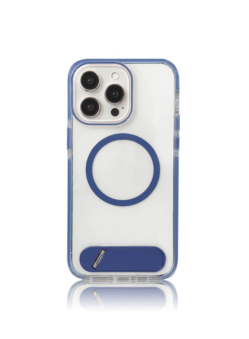 حافظة هاتف مغناطيسية شفافة من مادة TPU PC مع حامل لهاتف  ايفون 15 برو ماكس مع حامل معدني - ازرق - Image 1