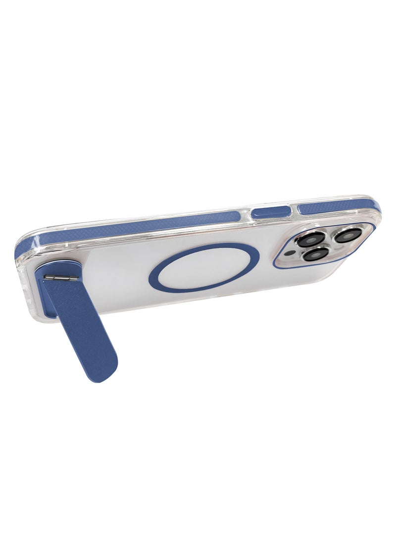 حافظة هاتف مغناطيسية شفافة من مادة TPU PC مع حامل لهاتف  ايفون 15 برو ماكس مع حامل معدني - ازرق - Image 2