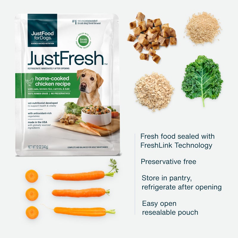 JustFoodForDogs JustFresh Wet Dog Food, Fresh Pet Meals and Toppers with No Preservatives, Resealable Package, Human Grade, Home-Cooked Chicken, 12 oz - 7 Pack - Image 2