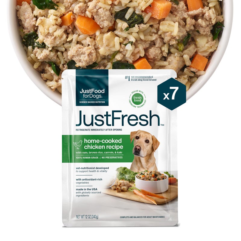 JustFoodForDogs JustFresh Wet Dog Food, Fresh Pet Meals and Toppers with No Preservatives, Resealable Package, Human Grade, Home-Cooked Chicken, 12 oz - 7 Pack - Image 1