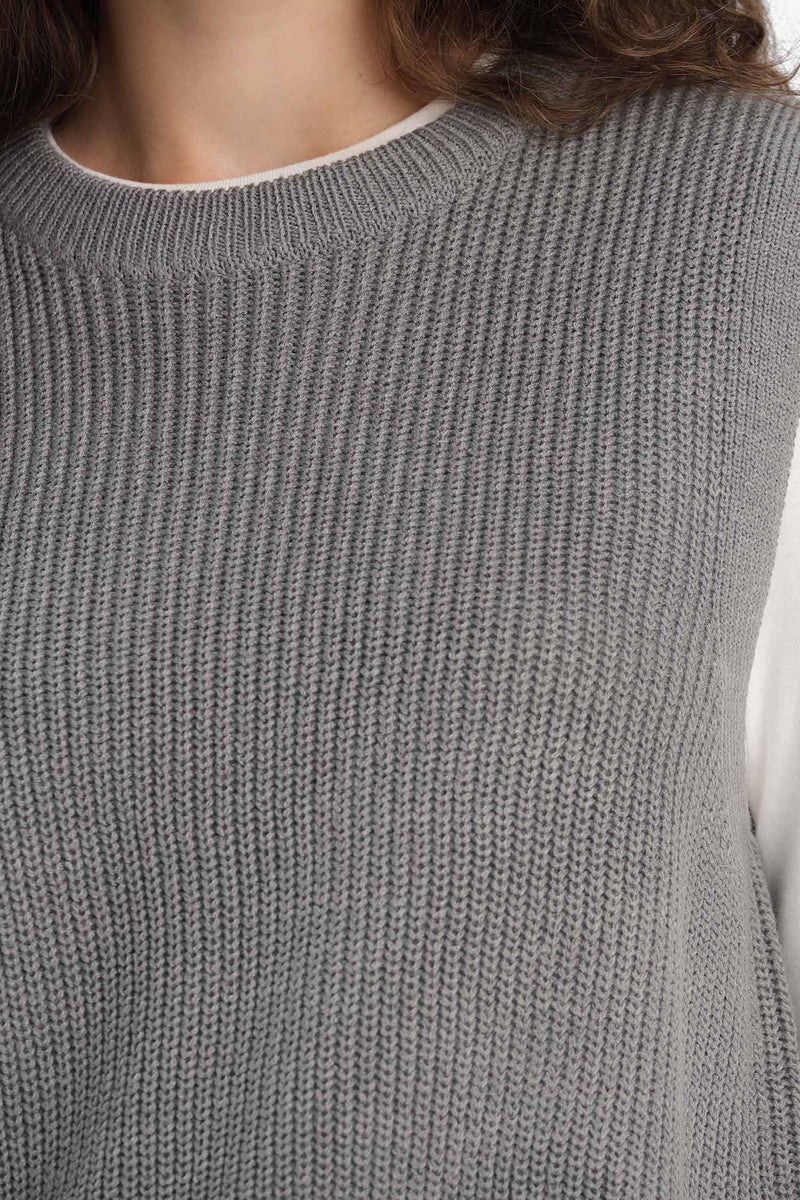 DeFacto Grey Woman Oversize Fit Crew Neck Knit Sweater Casual - Image 5