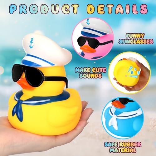 RoundFunny 10 Pcs 5 Inch Large Rubber Ducks with Sunglasses Cruise Rubber Duck Bulk Vibrant Colors Jumbo Squeaky Bath Toy for Summer Baby Shower Birthday Gift Swimming Pool - Image 5
