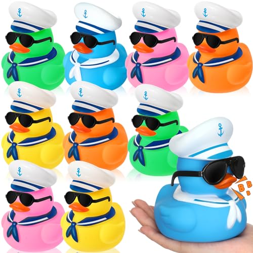 RoundFunny 10 Pcs 5 Inch Large Rubber Ducks with Sunglasses Cruise Rubber Duck Bulk Vibrant Colors Jumbo Squeaky Bath Toy for Summer Baby Shower Birthday Gift Swimming Pool - Image 1