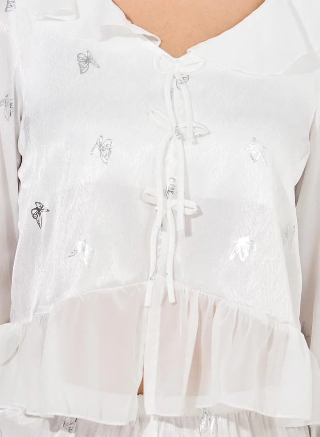 Styli Foil Butterfly Print Ruffle Detail Top & Pyjama Set