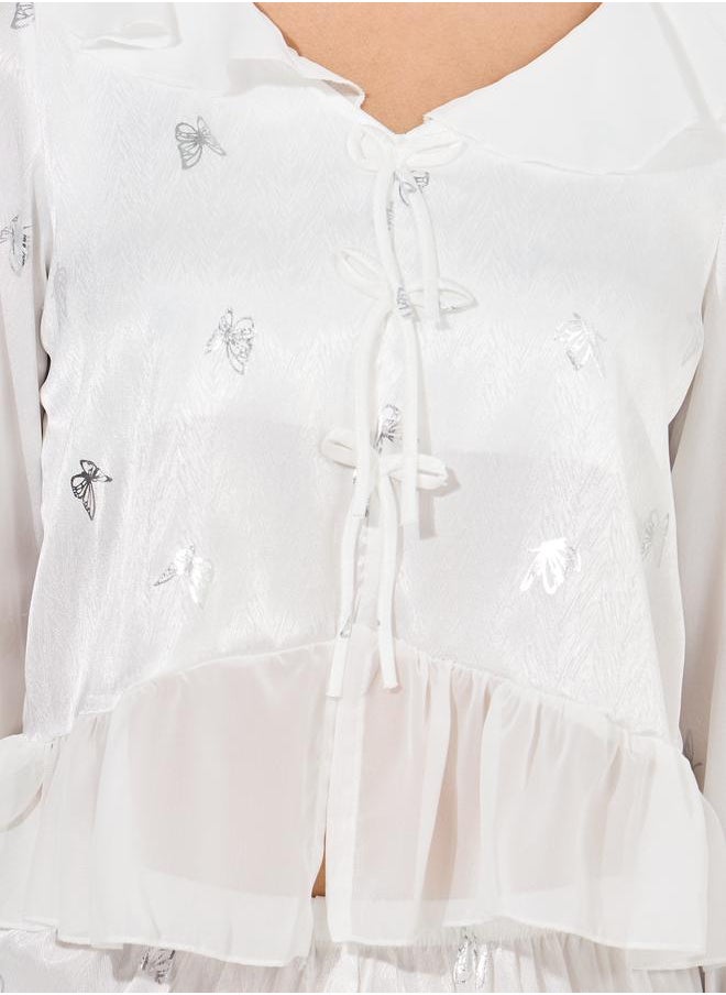 Styli - Foil Butterfly Print Ruffle Detail Top & Pyjama Set - Image 1