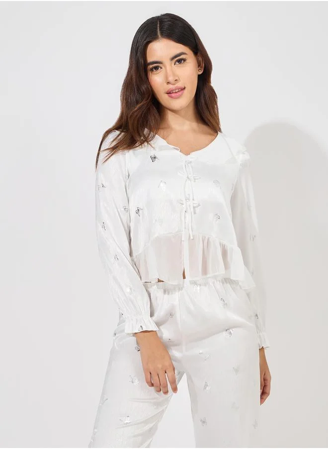 Styli Foil Butterfly Print Ruffle Detail Top & Pyjama Set