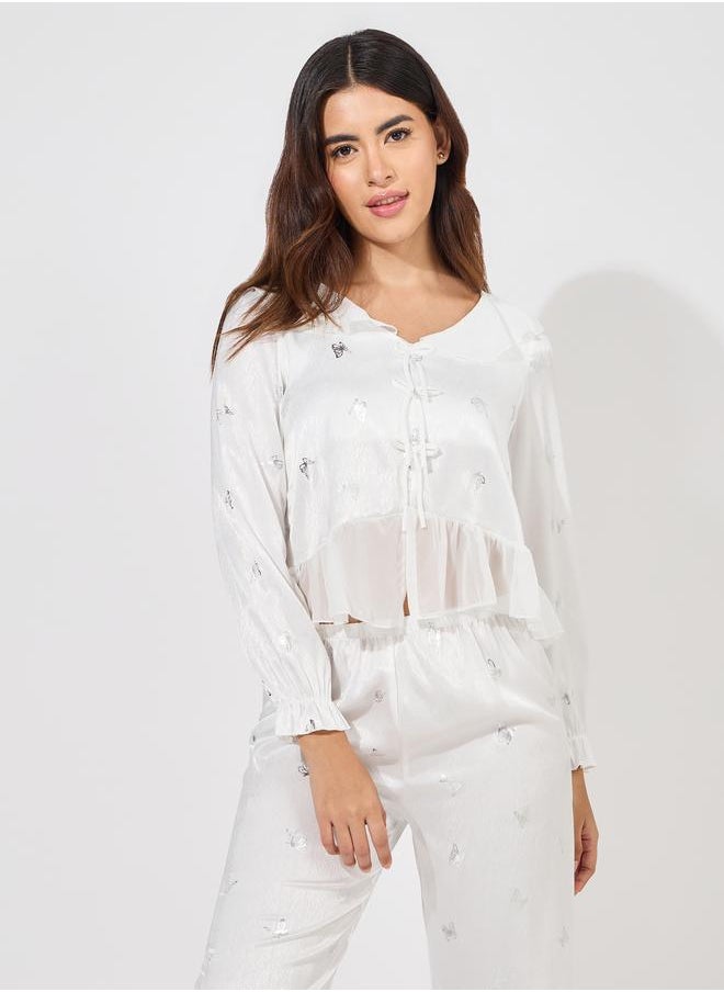 Styli - Foil Butterfly Print Ruffle Detail Top & Pyjama Set - Image 1