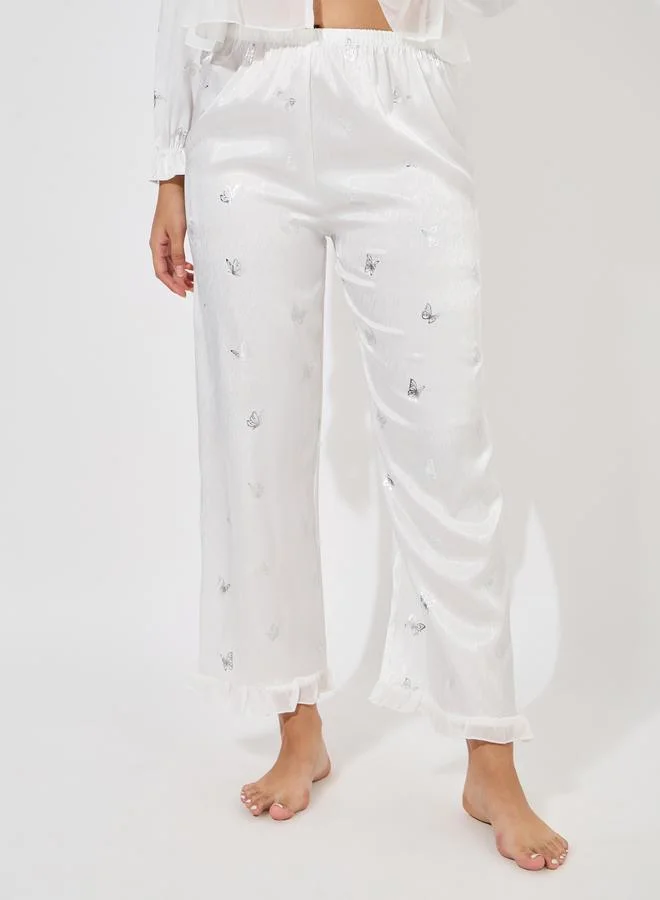 Styli Foil Butterfly Print Ruffle Detail Top & Pyjama Set