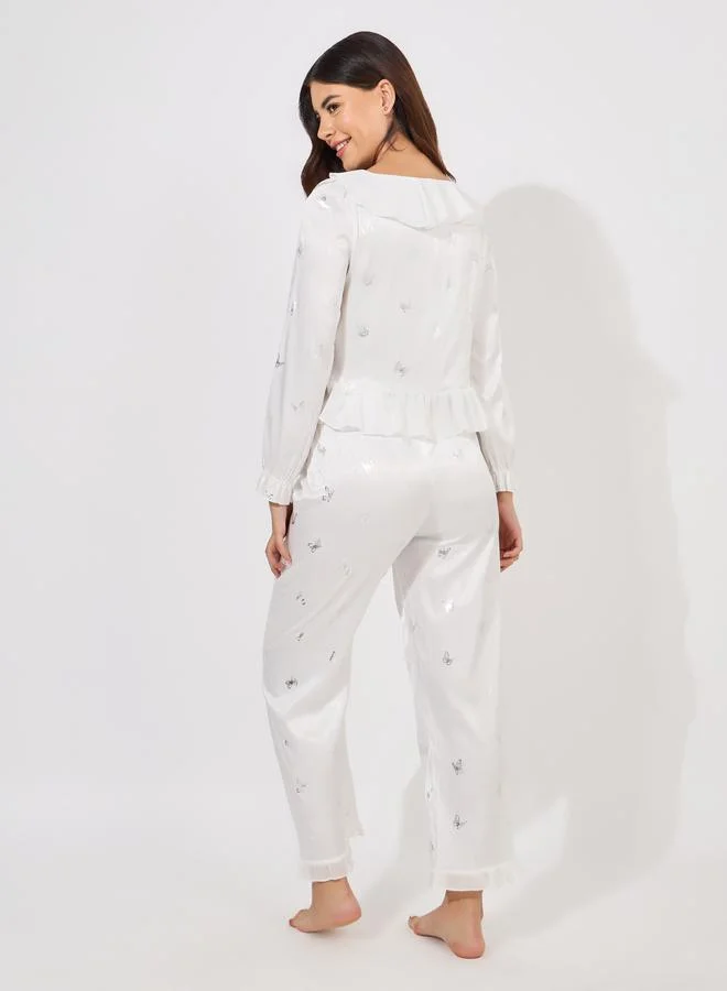Styli Foil Butterfly Print Ruffle Detail Top & Pyjama Set