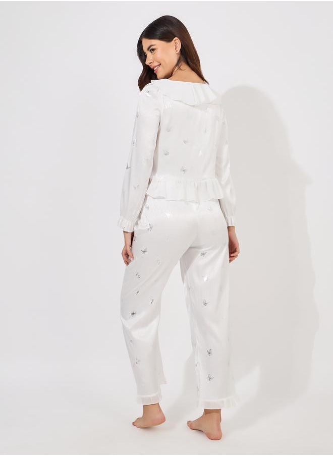 Styli - Foil Butterfly Print Ruffle Detail Top & Pyjama Set - Image 1