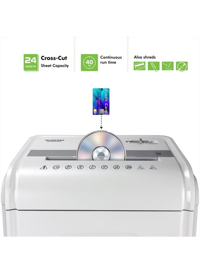 AURORA Heavy Duty Anti-Jam 24-Sheet Crosscut Shredder/40 Min Run Time/ 7-Gallon Pullout Basket, White/Grey - Image 2