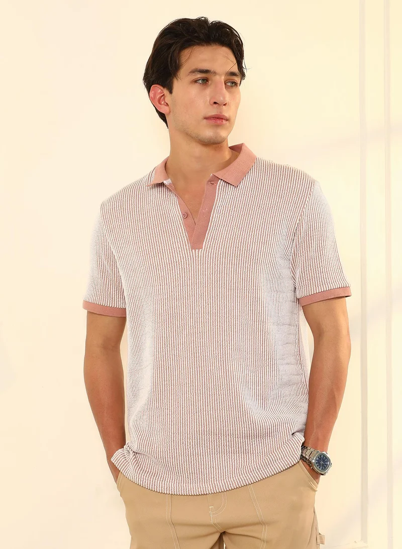 Campus Sutra Campus Sutra Men's Nude Pink Seersucker-Striped Polo T-Shirt | Textured Knit Striped Design With Contrasting Collar | Breathable Cotton Blend & Lightweight Fabric For Everyday Wear
