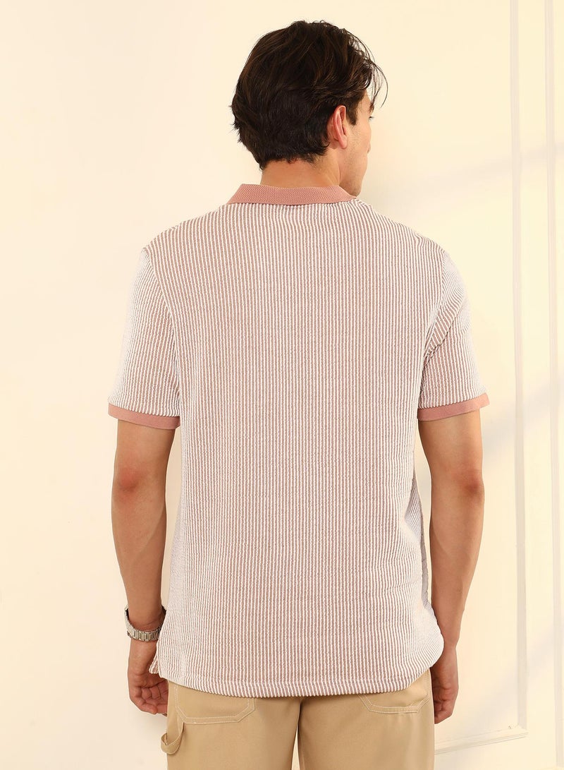 Campus Sutra Campus Sutra Men's Nude Pink Seersucker-Striped Polo T-Shirt | Textured Knit Striped Design With Contrasting Collar | Breathable Cotton Blend & Lightweight Fabric For Everyday Wear - Image 5