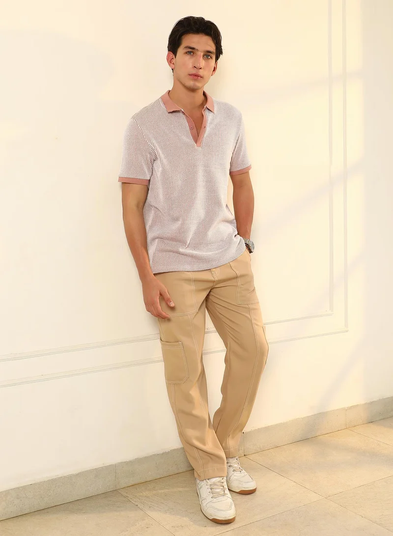 Campus Sutra Campus Sutra Men's Nude Pink Seersucker-Striped Polo T-Shirt | Textured Knit Striped Design With Contrasting Collar | Breathable Cotton Blend & Lightweight Fabric For Everyday Wear