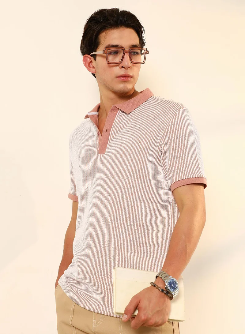 Campus Sutra Campus Sutra Men's Nude Pink Seersucker-Striped Polo T-Shirt | Textured Knit Striped Design With Contrasting Collar | Breathable Cotton Blend & Lightweight Fabric For Everyday Wear
