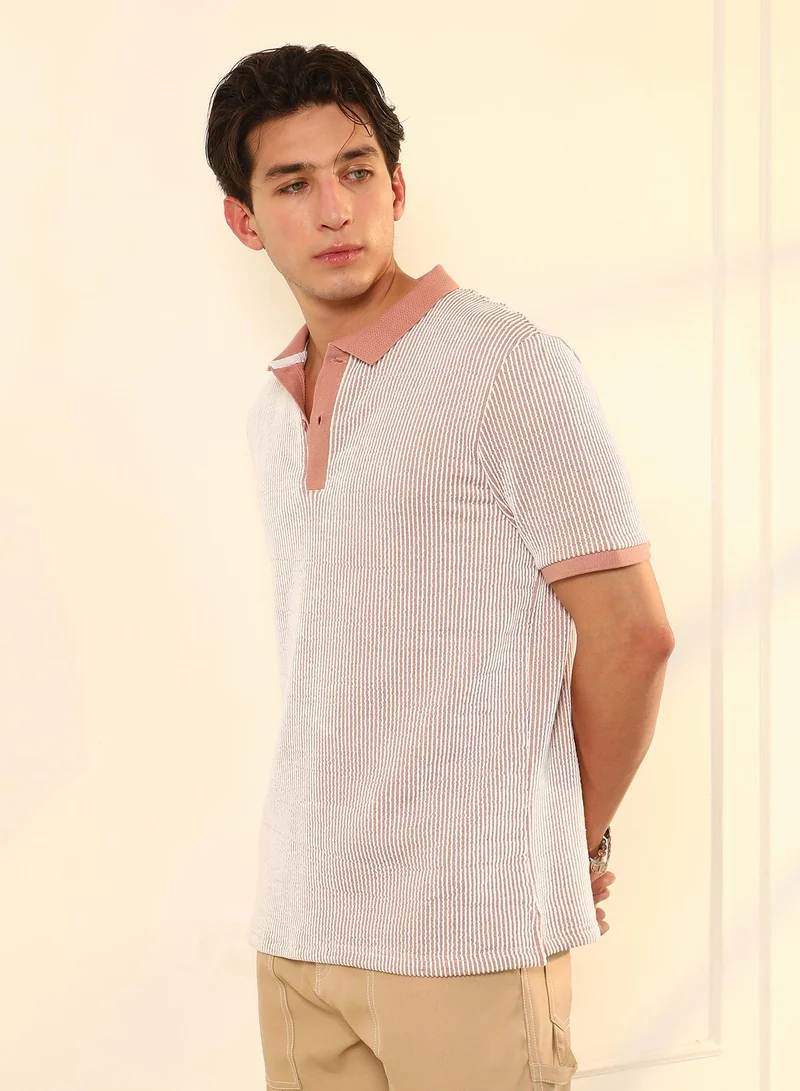 Campus Sutra Campus Sutra Men's Nude Pink Seersucker-Striped Polo T-Shirt | Textured Knit Striped Design With Contrasting Collar | Breathable Cotton Blend & Lightweight Fabric For Everyday Wear