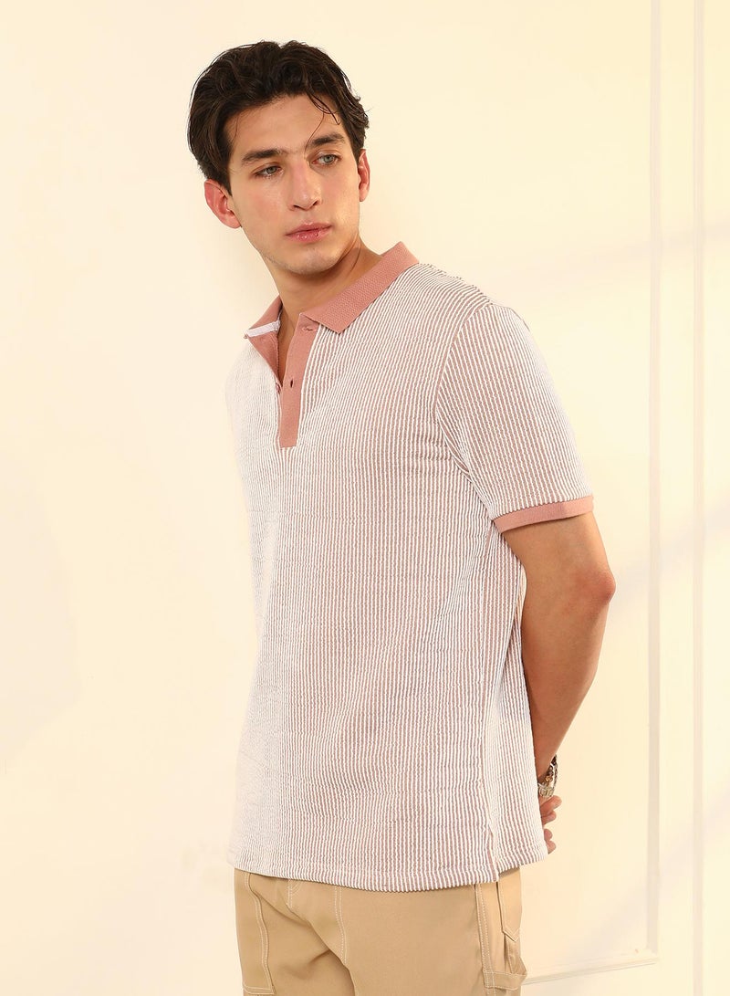 Campus Sutra Campus Sutra Men's Nude Pink Seersucker-Striped Polo T-Shirt | Textured Knit Striped Design With Contrasting Collar | Breathable Cotton Blend & Lightweight Fabric For Everyday Wear - Image 3