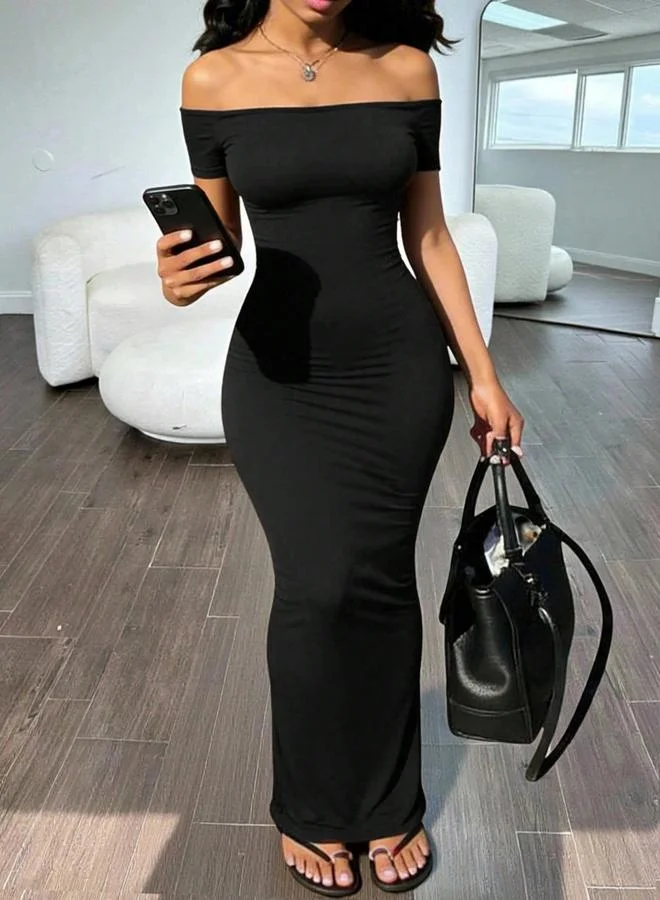 Take Two Black Off-Shoulder Bodycon Maxi Dress with Short Sleeves