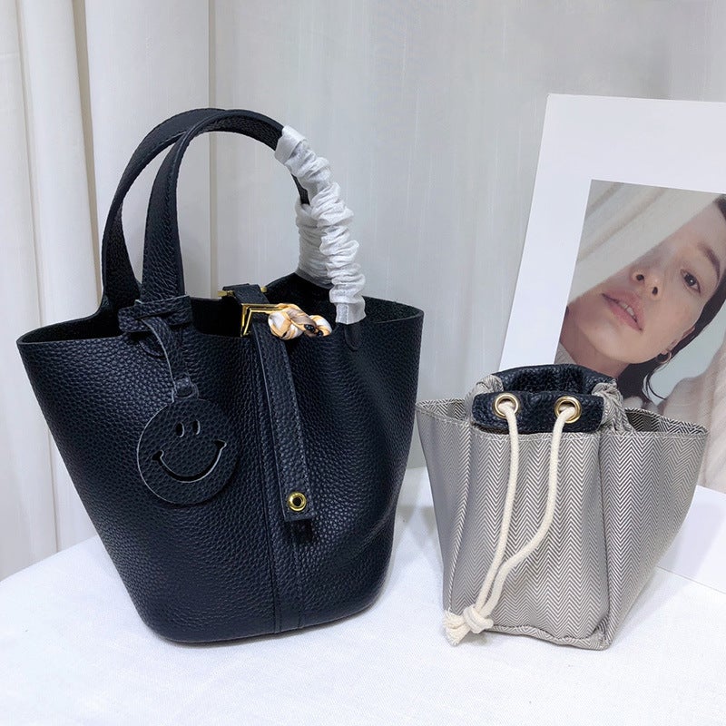 Top Layer Cowhide Vegetable Basket Bag Leather Bucket Bag Commuter Fashion Lock Handbag For Women - Image 5