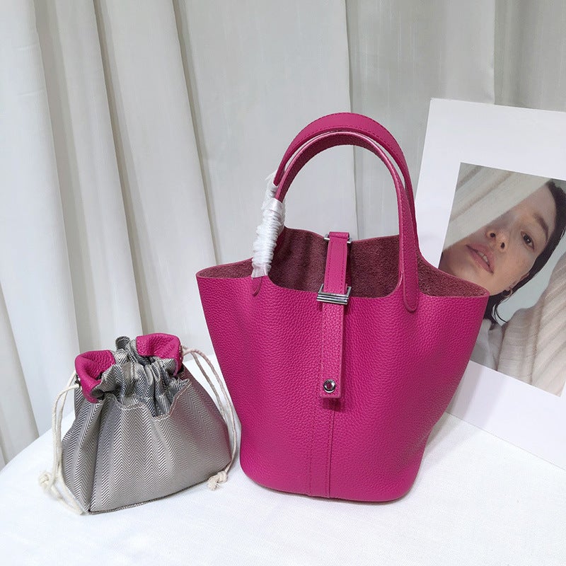 Top Layer Cowhide Vegetable Basket Bag Leather Bucket Bag Commuter Fashion Lock Handbag For Women - Image 4